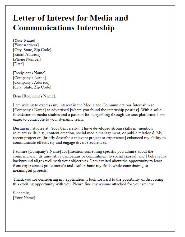 Letter template of Interest in Media and Communications Internship