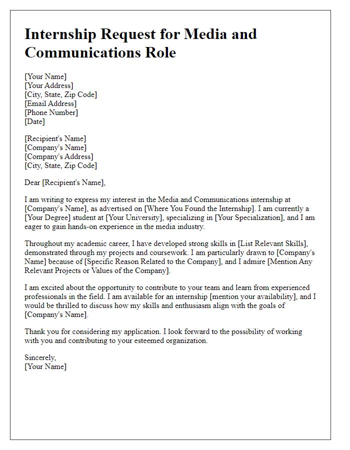 Letter template of Internship Request for Media and Communications Role