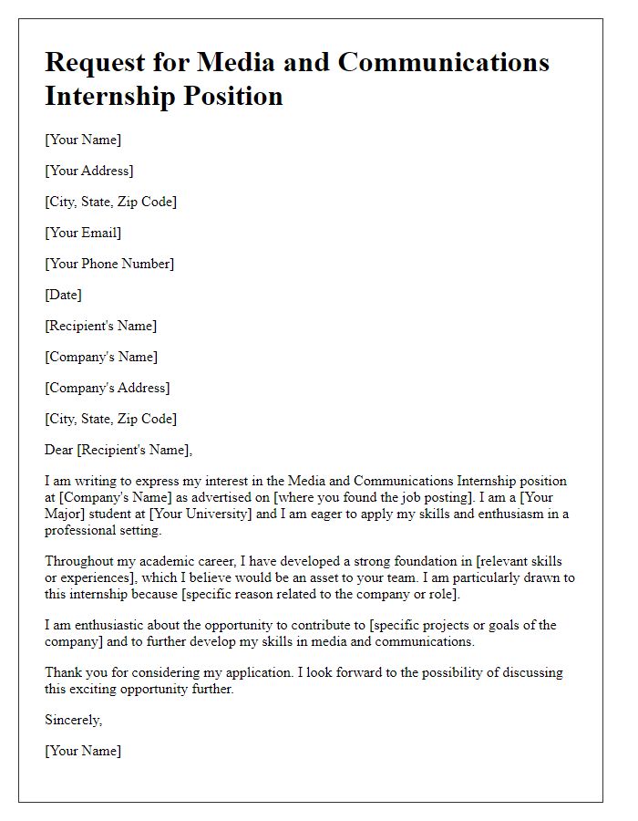 Letter template of Request for Media and Communications Internship Position