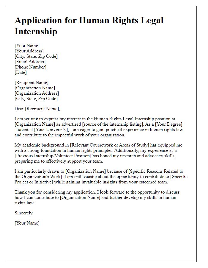 Letter template of application for human rights legal internship