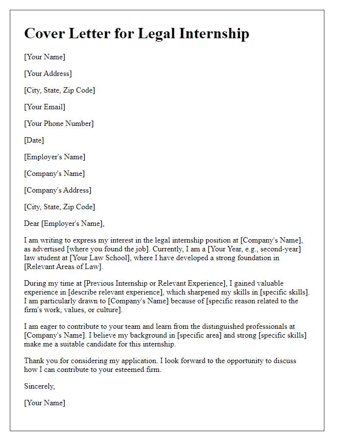 Letter template of cover letter for legal internship