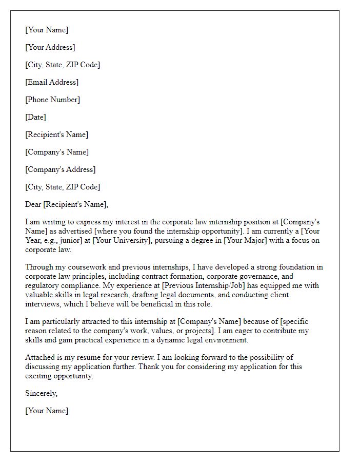 Letter template of submission for corporate law internship