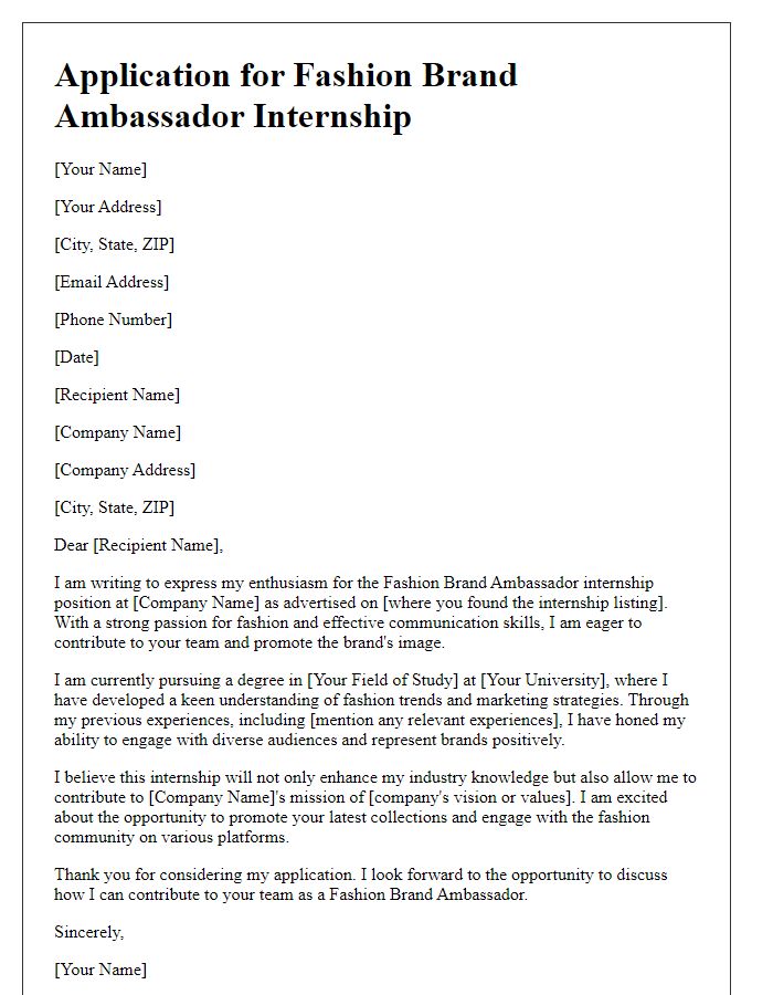 Letter template of internship application for fashion brand ambassador position