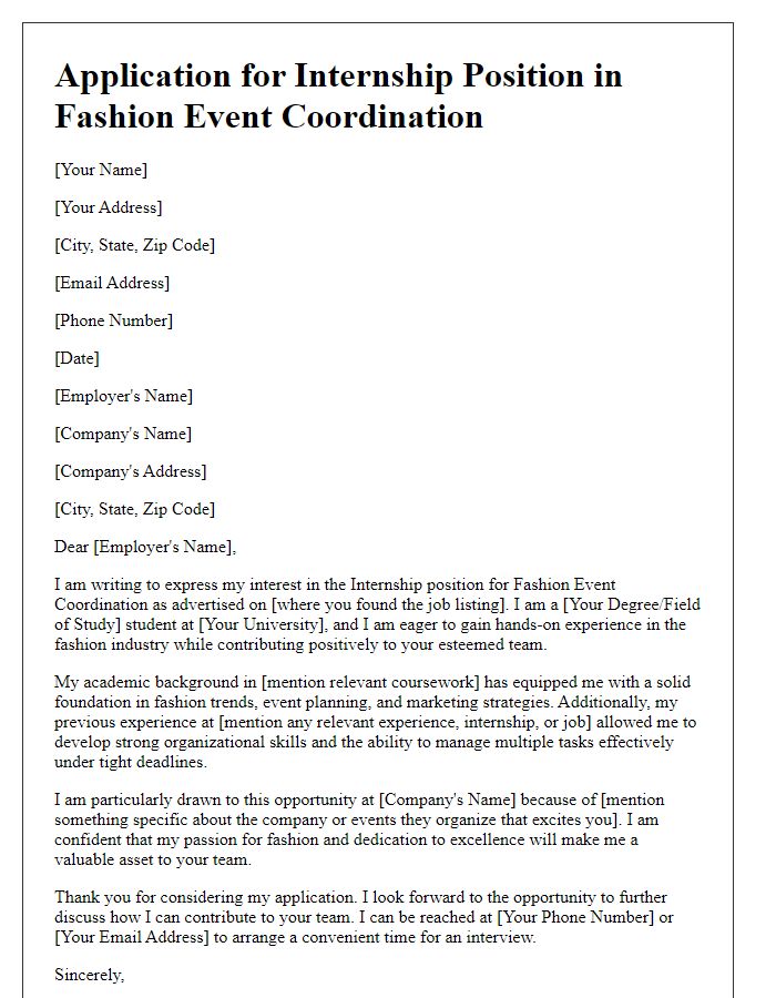 Letter template of internship application for fashion event coordination position