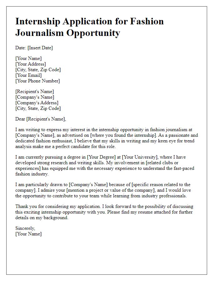 Letter template of internship application for fashion journalism opportunity