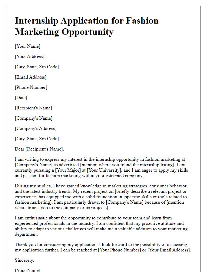 Letter template of internship application for fashion marketing opportunity