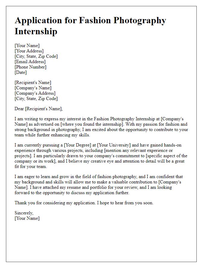 Letter template of internship application for fashion photography internship