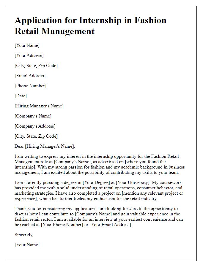 Letter template of internship application for fashion retail management role