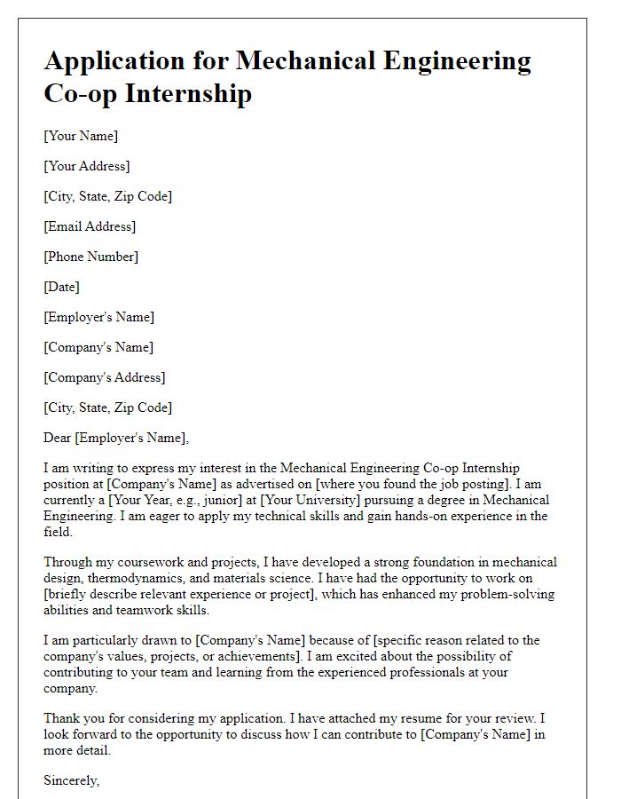 Letter template of mechanical engineering co-op internship application