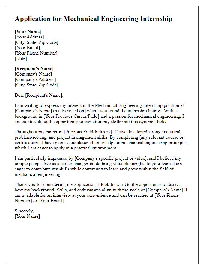 Letter template of mechanical engineering internship application for career changers