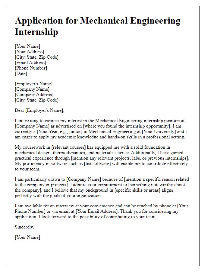 Letter template of mechanical engineering internship application for international students