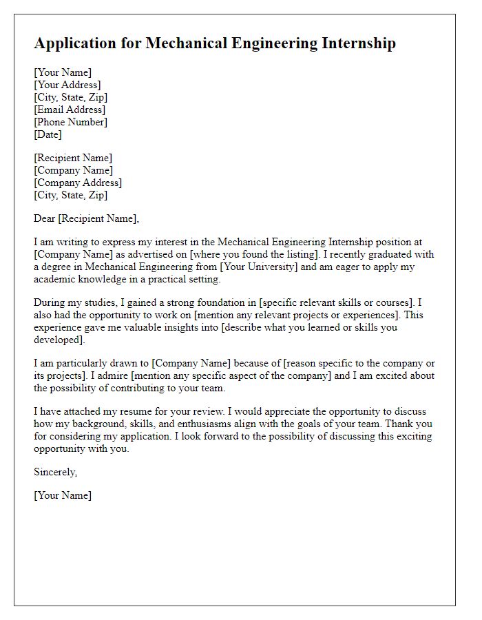 Letter template of mechanical engineering internship application for recent graduates