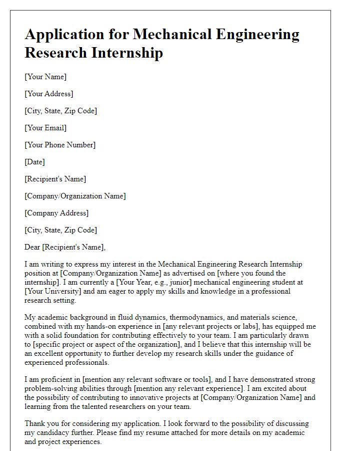 Letter template of mechanical engineering research internship application