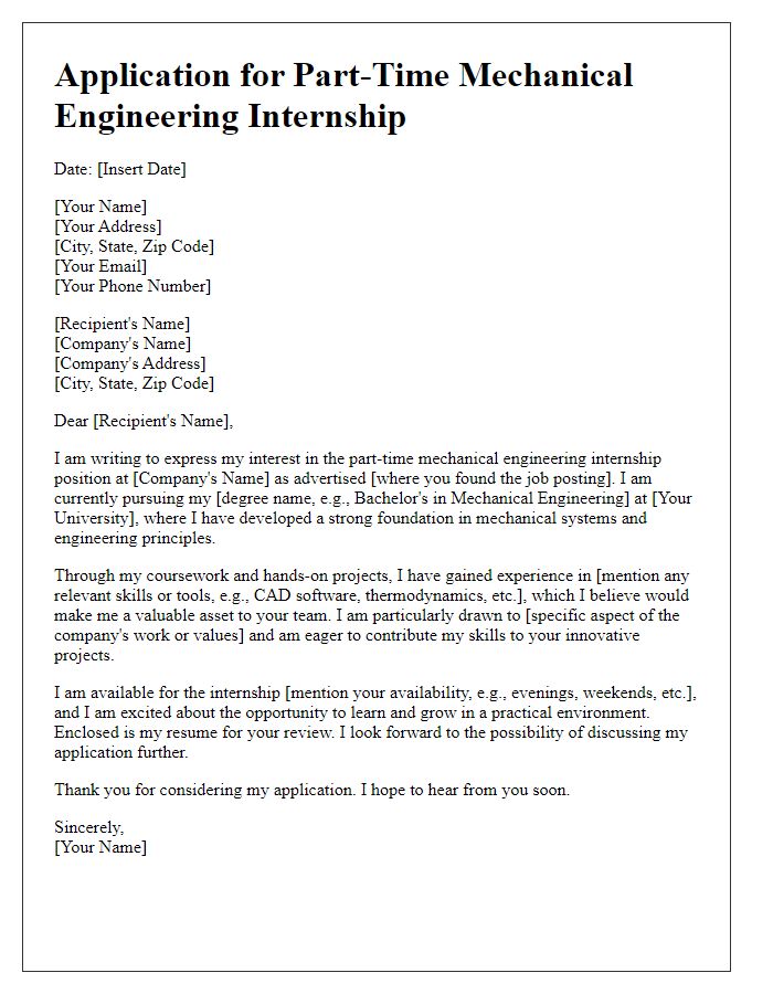 Letter template of part-time mechanical engineering internship application