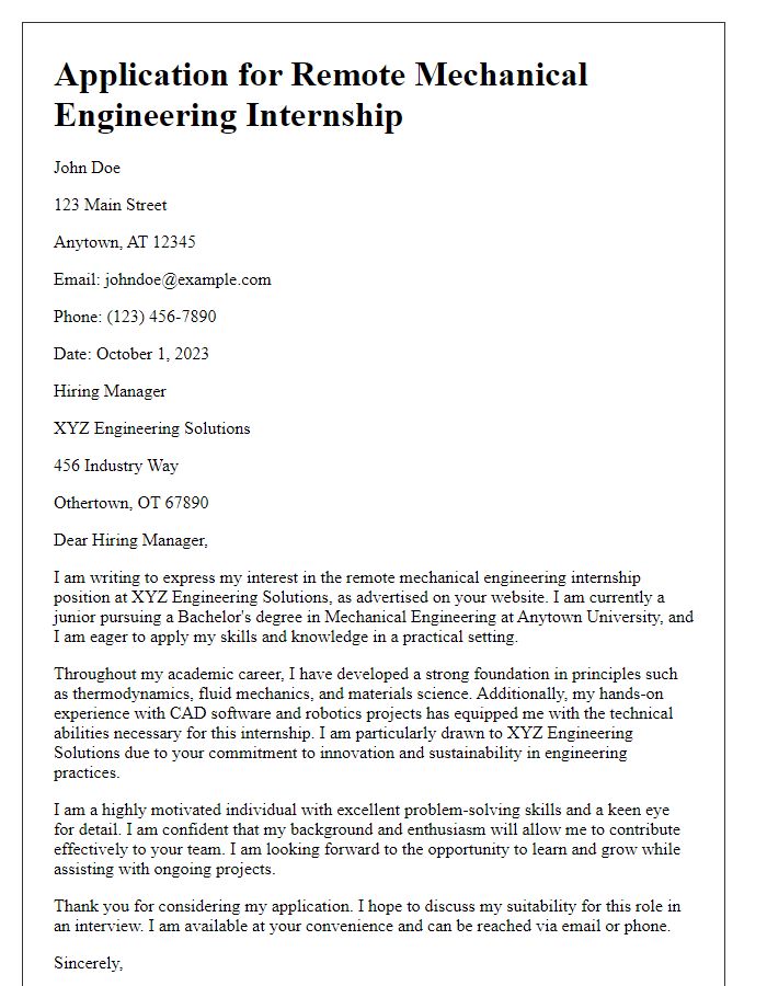 Letter template of remote mechanical engineering internship application