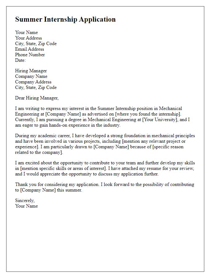 Letter template of summer internship application in mechanical engineering