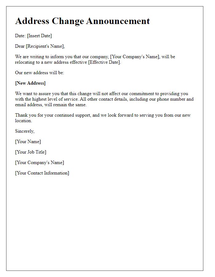 Letter template of Address Change Announcement for Business Purposes