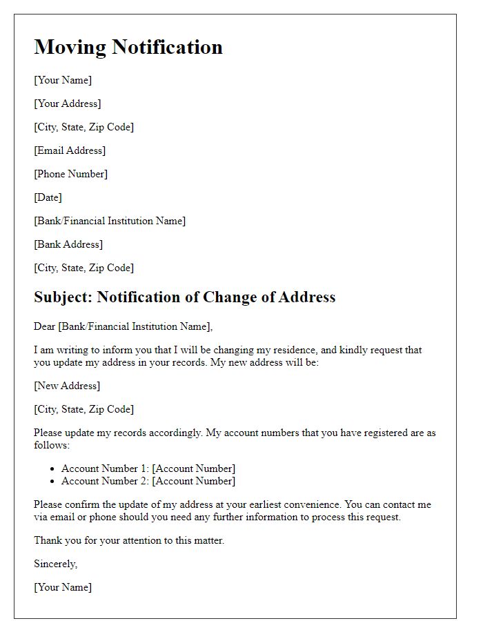Letter template of Moving Notification for Banks and Financial Institutions