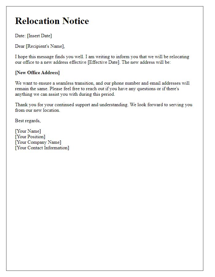 Letter template of Relocation Notice for Professional Contacts