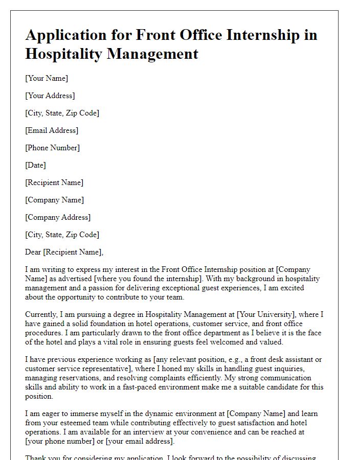 Letter template of application for a front office internship in hospitality management.