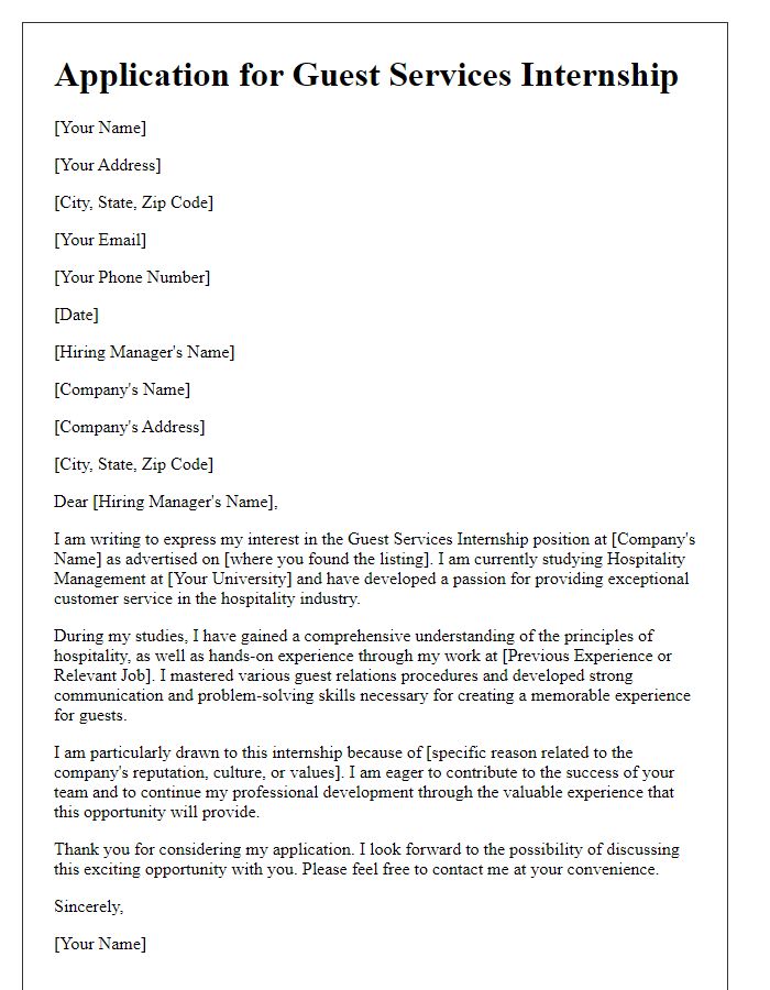 Letter template of application for a guest services internship in hospitality management.