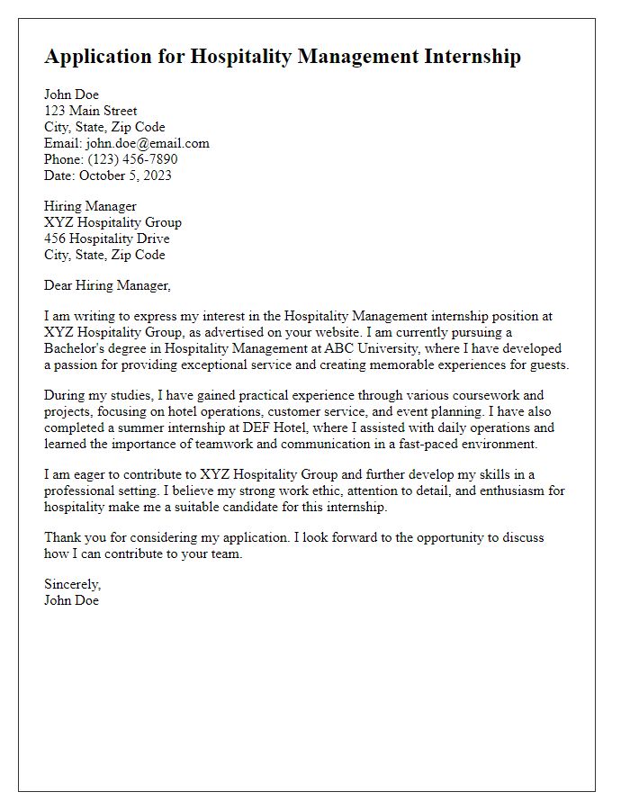 Letter template of application for a hospitality management internship opportunity.