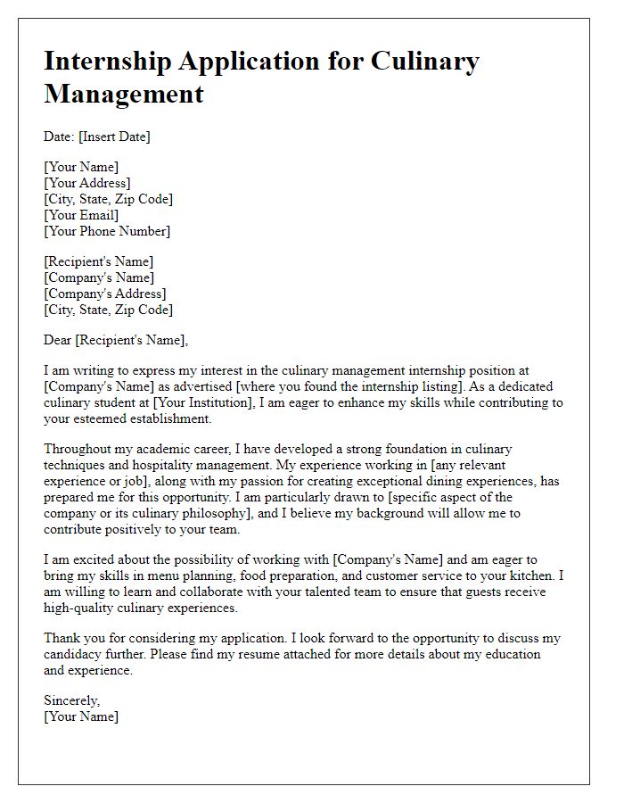 Letter template of internship application for culinary management in hospitality.