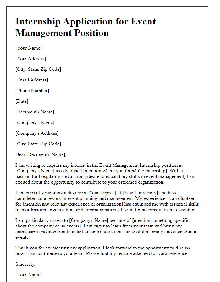 Letter template of internship application for event management within hospitality.