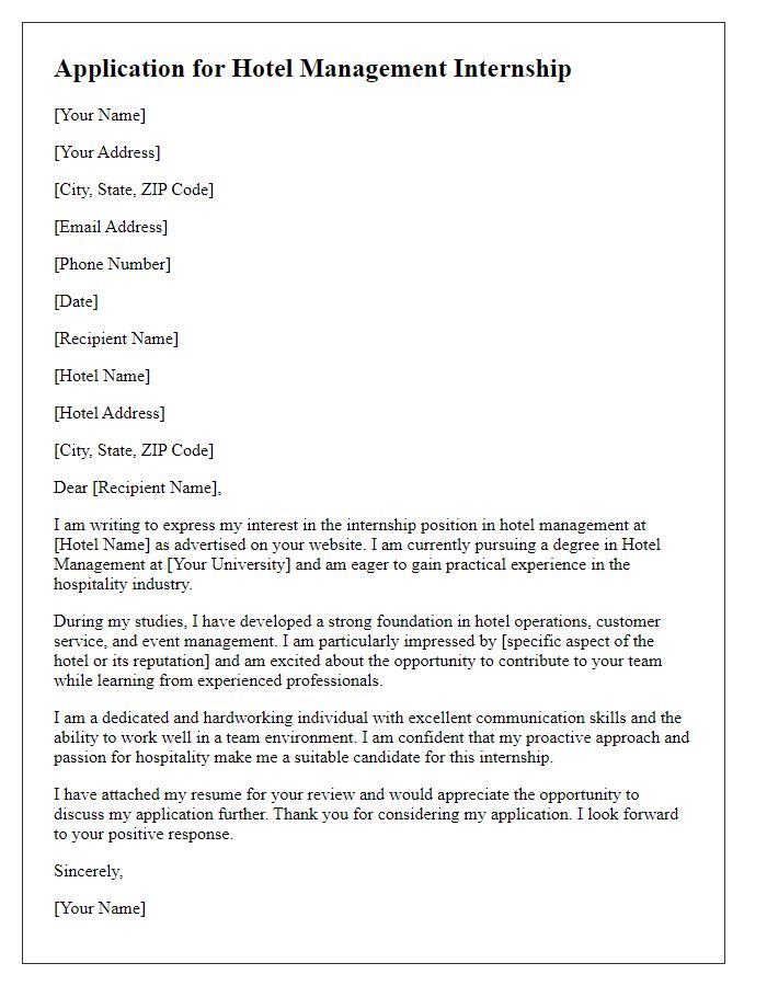 Letter template of internship application for a hotel management position.