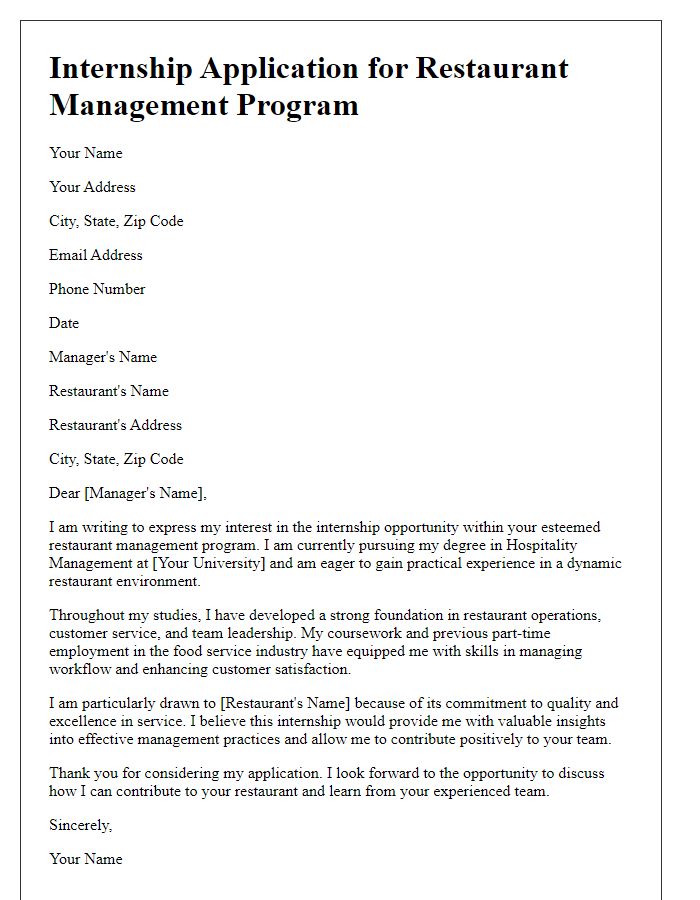 Letter template of internship application for restaurant management program.