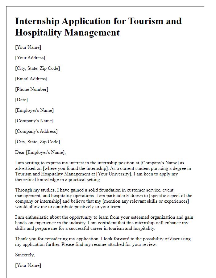 Letter template of internship application for tourism and hospitality management.