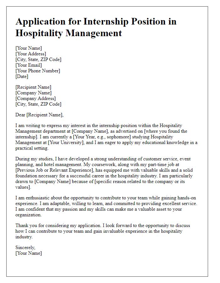 Letter template of professional internship application for hospitality management.