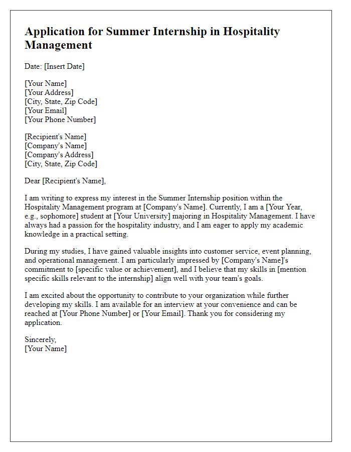 Letter template of summer internship application in hospitality management.