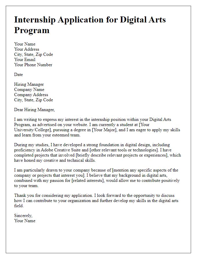 Letter template of internship application for digital arts program