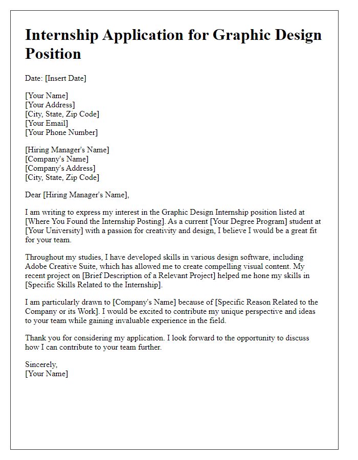 Letter template of internship application for graphic design position