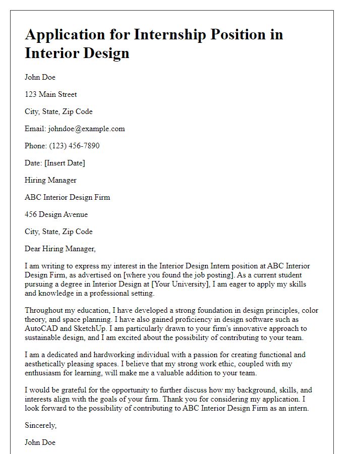 Letter template of internship application for interior design role