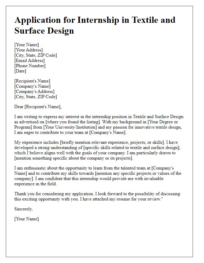 Letter template of internship application for textile and surface design