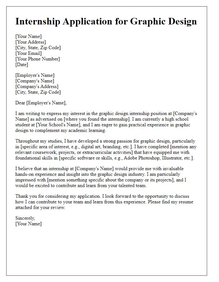 Letter template of internship application for high school student aiming for experience in graphic design