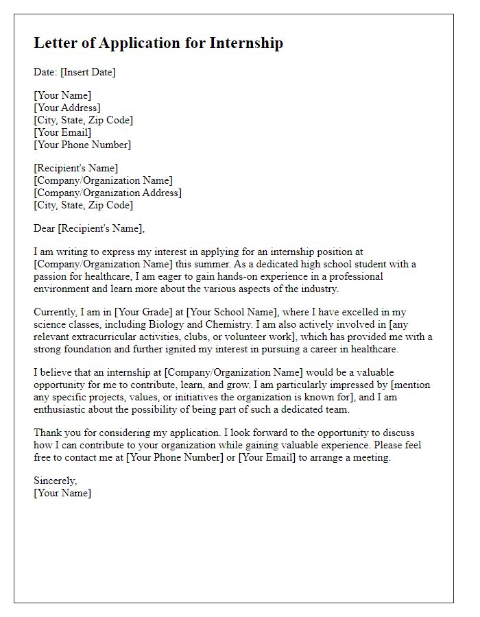 Letter template of internship application for high school student aspiring to work in healthcare