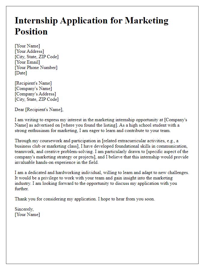 Letter template of internship application for high school student eager to learn about marketing