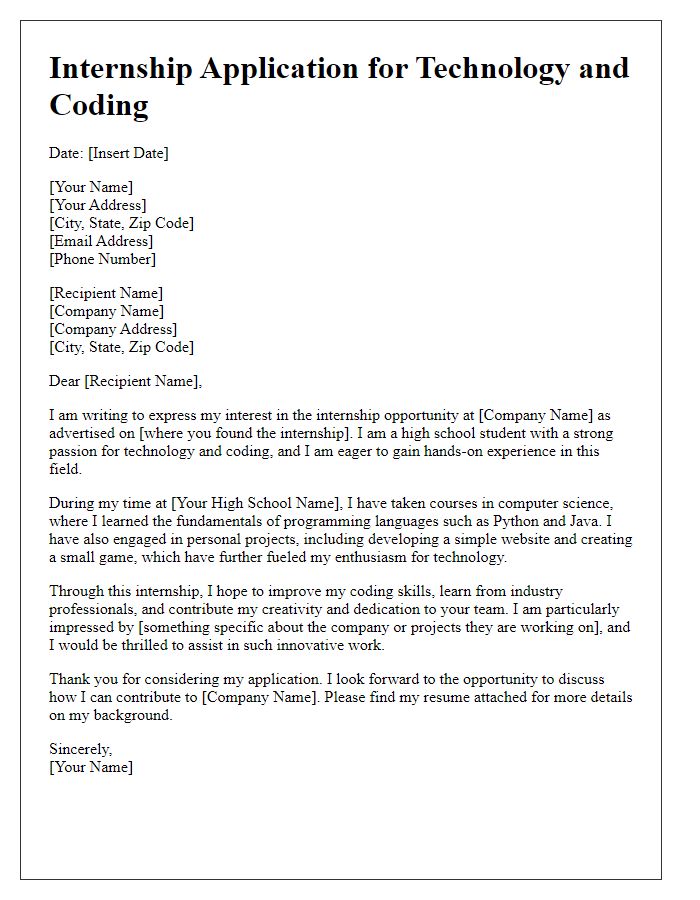 Letter template of internship application for high school student interested in technology and coding