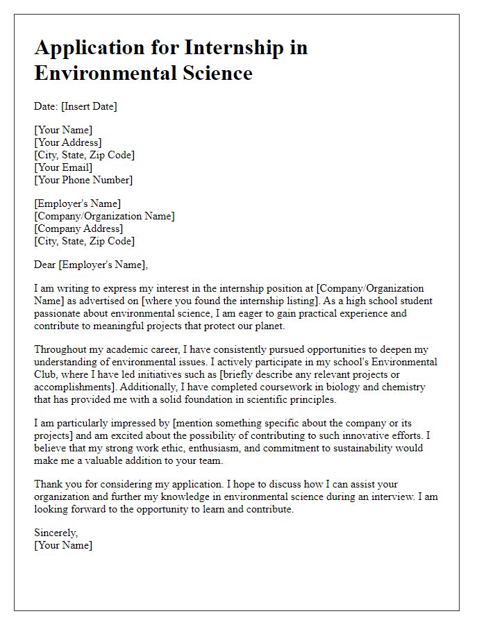 Letter template of internship application for high school student passionate about environmental science