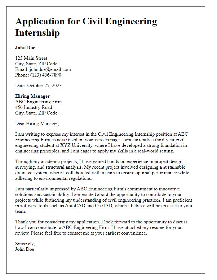 Letter template of application for a civil engineering internship position