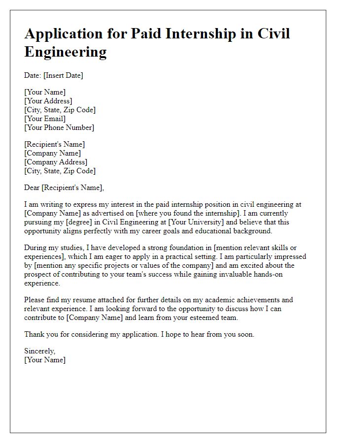 Letter template of application for a paid internship in civil engineering