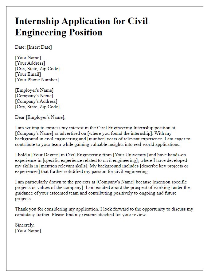 Letter template of civil engineering internship application for experienced candidates