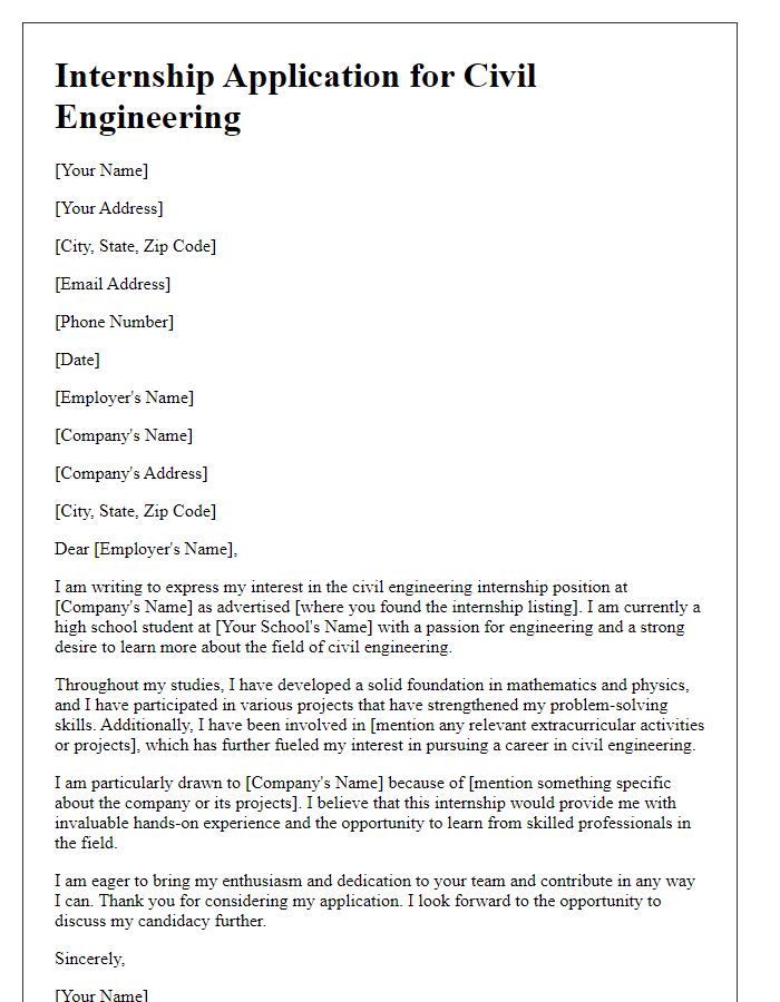 Letter template of civil engineering internship application for high school students