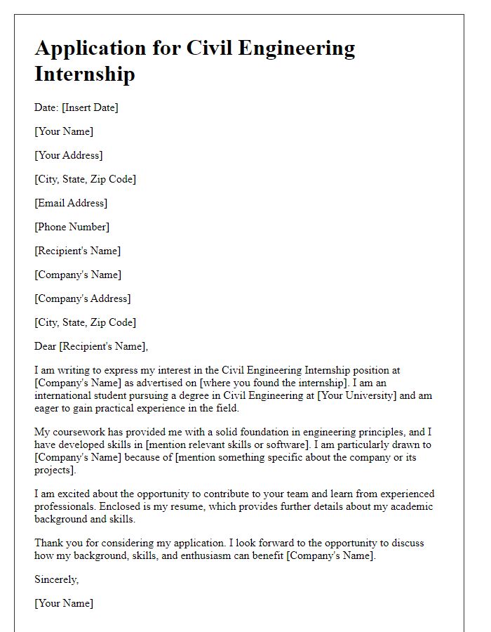 Letter template of civil engineering internship application for international students