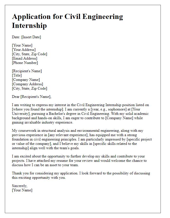 Letter template of civil engineering internship application for undergraduate students