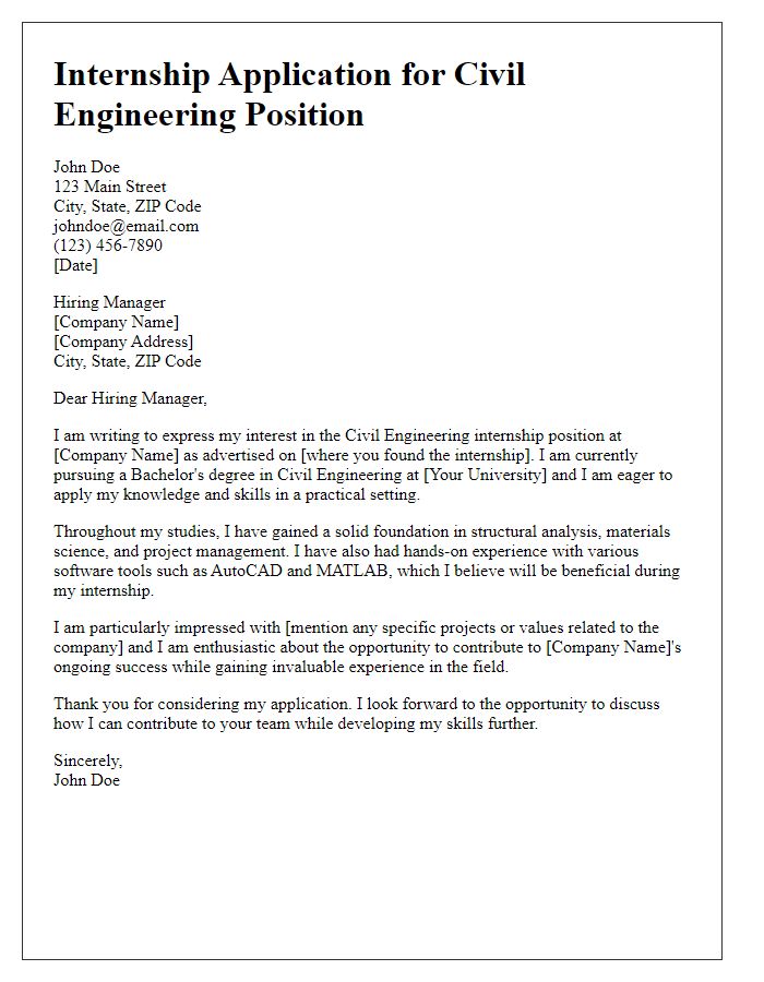 Letter template of civil engineering project internship application