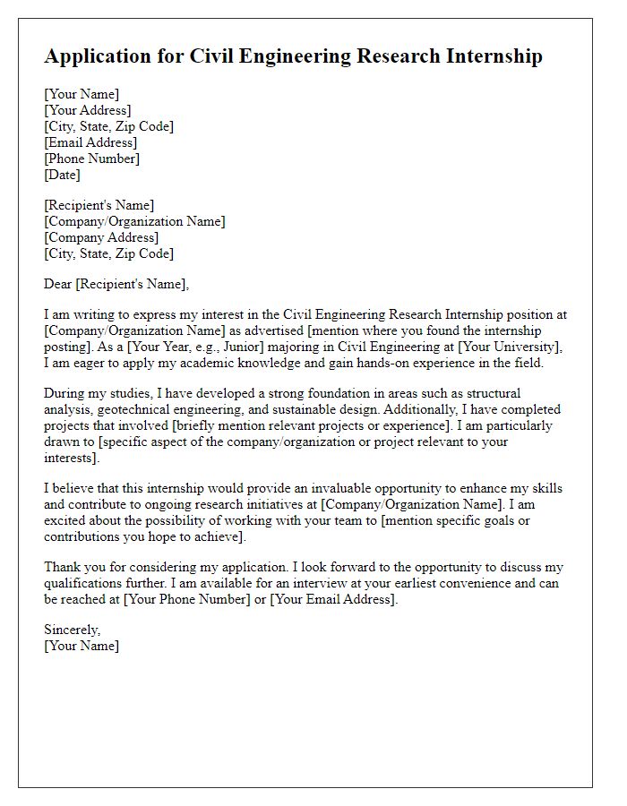 Letter template of civil engineering research internship application